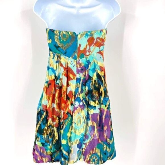 Y2K Cache Gold Metallic Strapless Mini Dress Blue Silk Sz 0 XS Coquette Shimmer‎ - Picture 3 of 9